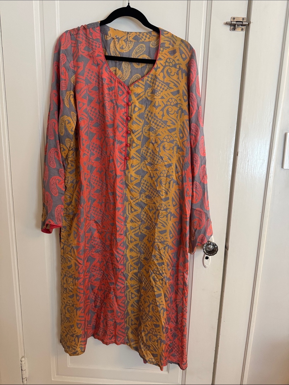 Two-Tone Printed Long Sleeve Dress in Coral and Mustard